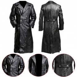 German Classic Officer Black Leather Long Coat